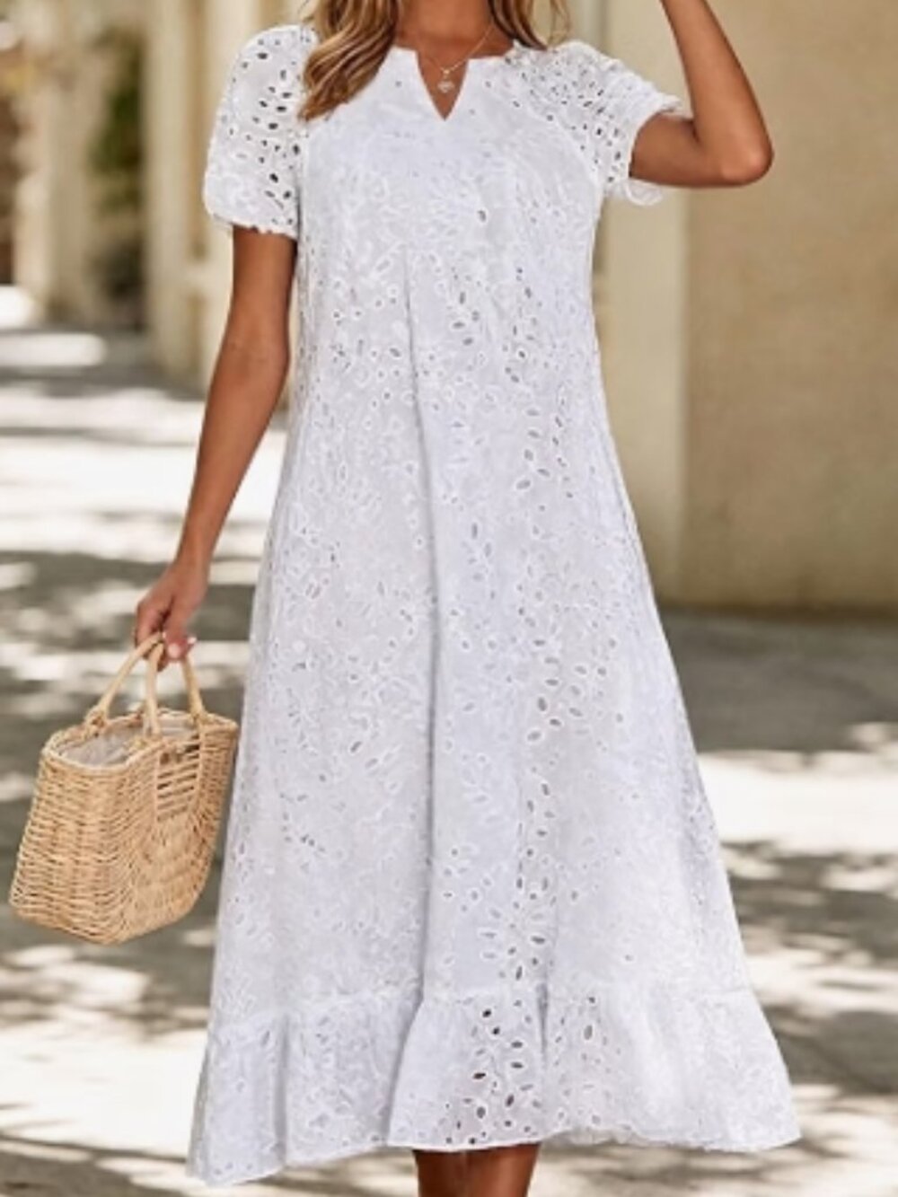 Women Summer Ruffle Hem Floral Lace Eyelet Dress Casual Notch Neck Midi
